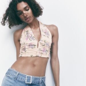 NEW Zara floral print halter neck crop top L